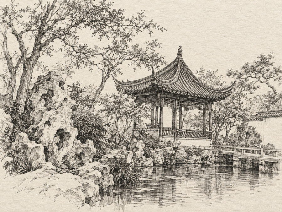 《園中亭》——園林亭閣鋼筆速寫
