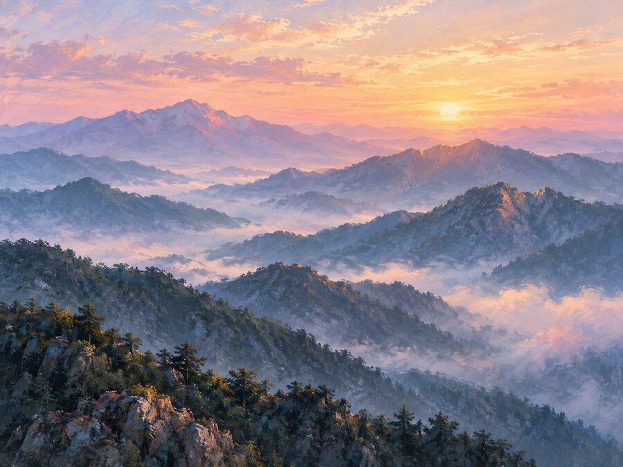 《曉山初霽》——晨光中的層疊山巒,油畫