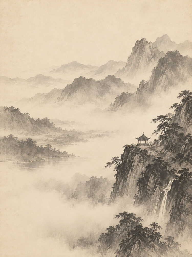 霧中山巒與小亭的水墨，大片留白